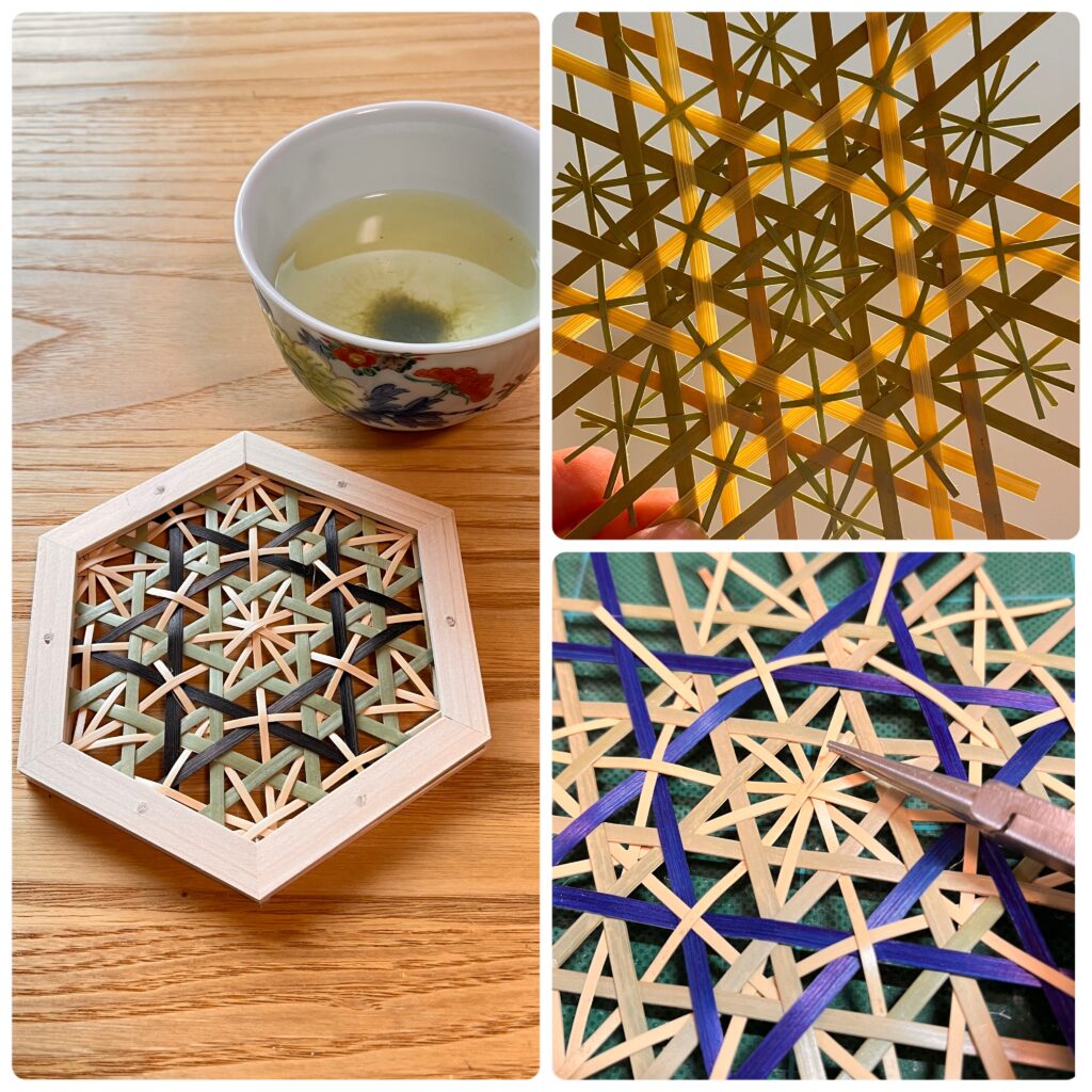 竹ひごで編んだ華編みの敷物。ひごの太さや厚みの違いが生む立体的な編み模様。