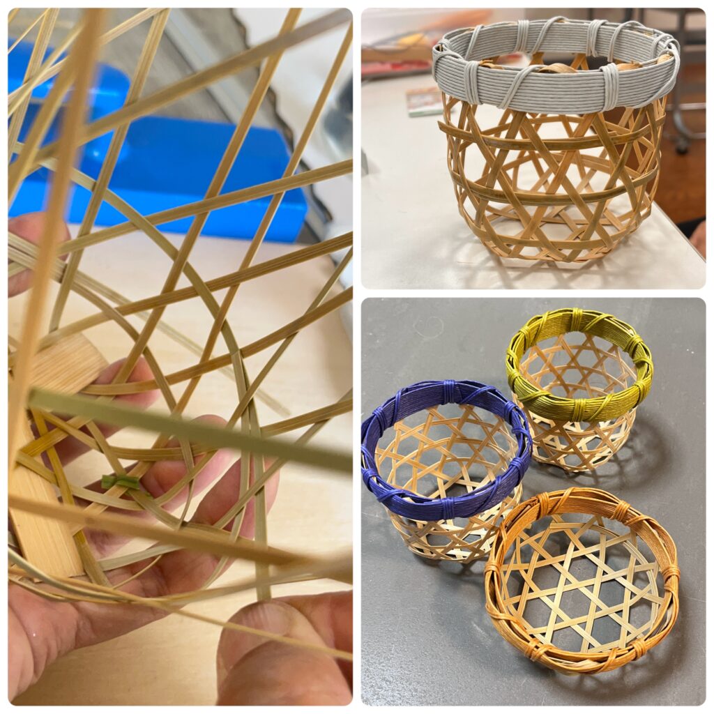 六つ目編みで立ち上げたミニかご。体験講座の次のステップとして、かごの基本構造を学びます。