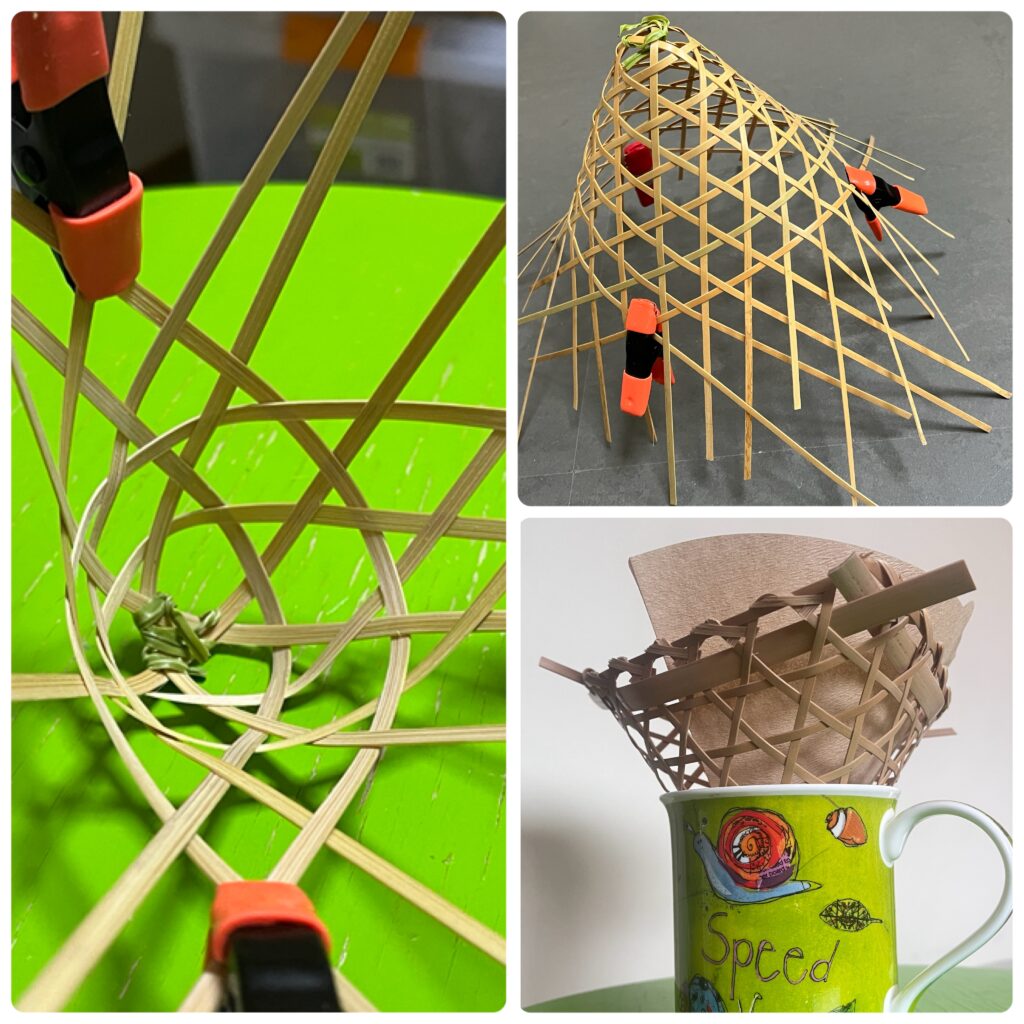 洗濯ばさみで固定しながら立体的に立ち上げていく、六つ目編みの竹製コーヒードリッパー制作風景