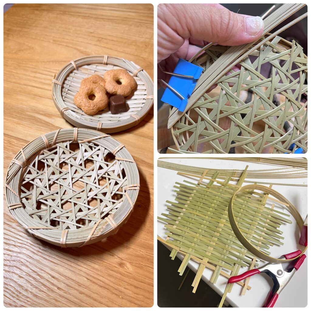 直径約12cmの竹ざると、制作途中の編み地や縁付け作業の様子